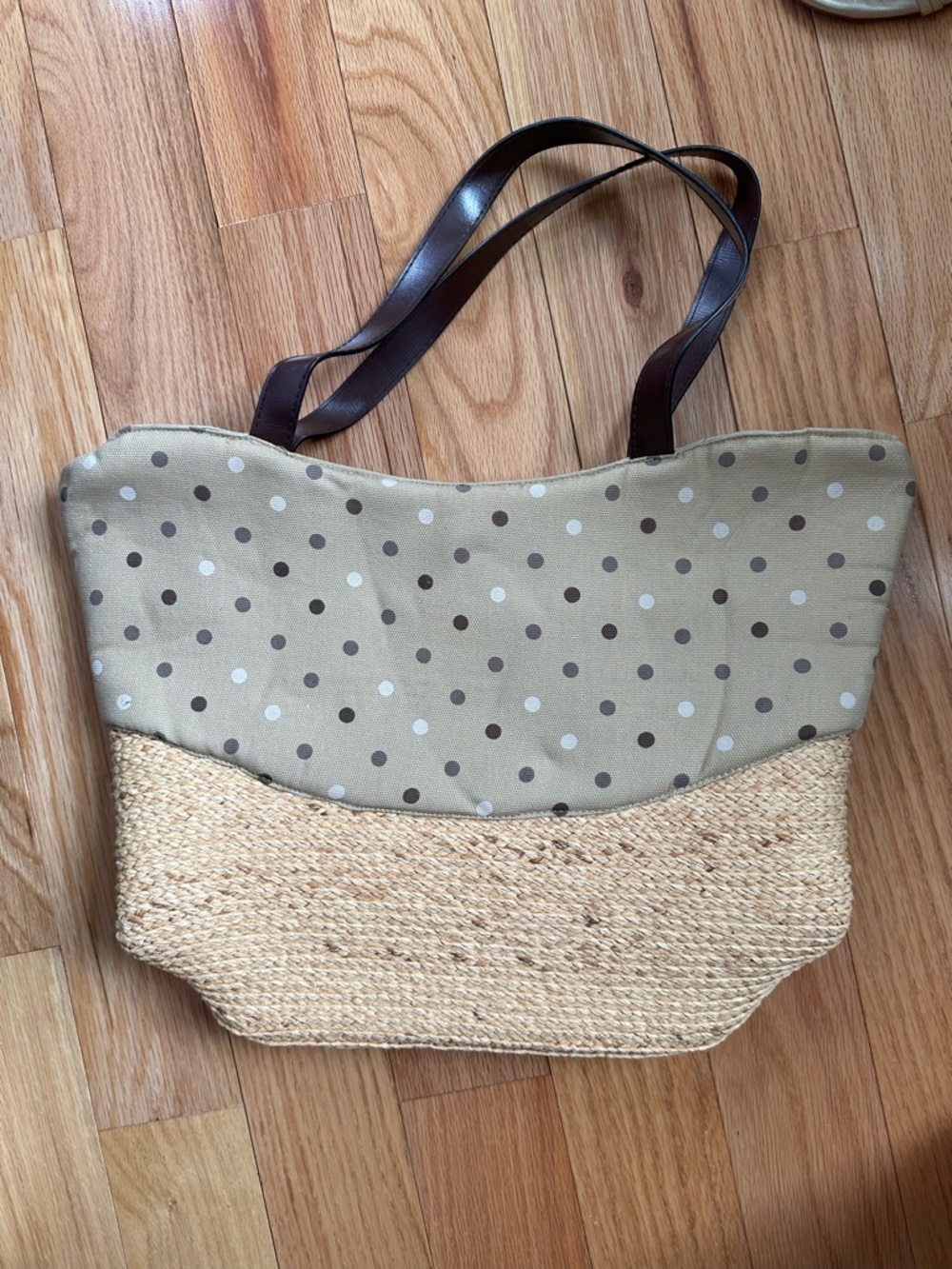 Polka Dot Straw Tote Bag in Beige